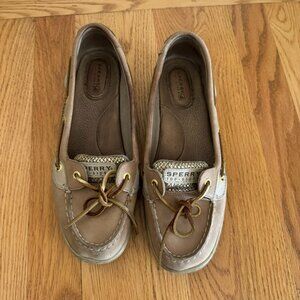 Sperry Tan Leather Flats with Gold Sparkle - Size 8.5